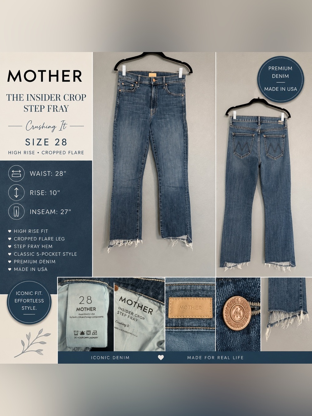 MOTHER The Insider Crop Step Fray Jeans - Medium Blue Denim